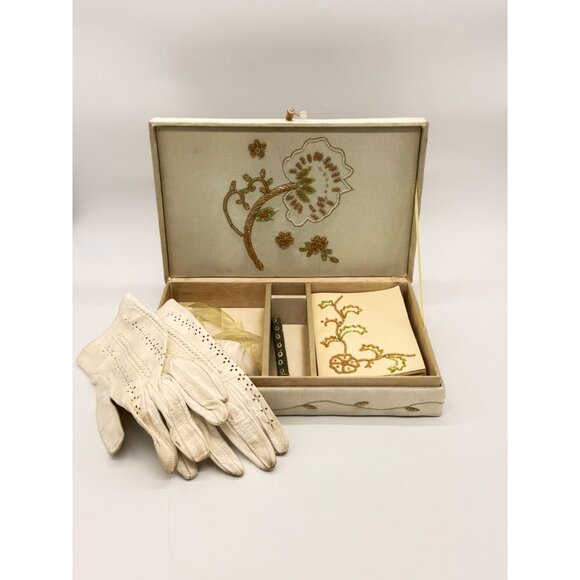 Vtg. Embroidered and Beaded Stationery Box w/Pen, White Leather Driving Gloves - Picture 1 of 10